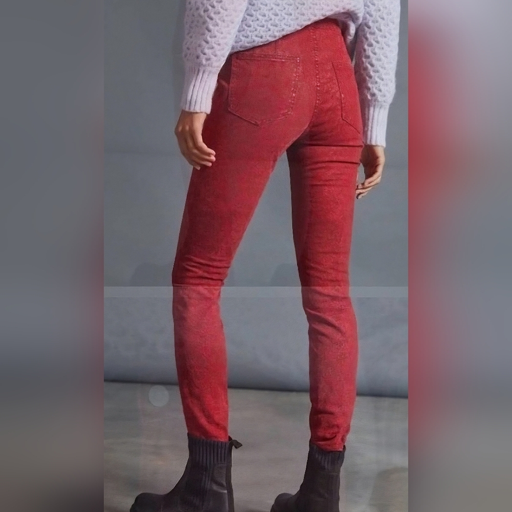 Anthropologie Pilcro NWT Flocked High Rise Denim Legging Red Raspberry - Picture 2 of 7